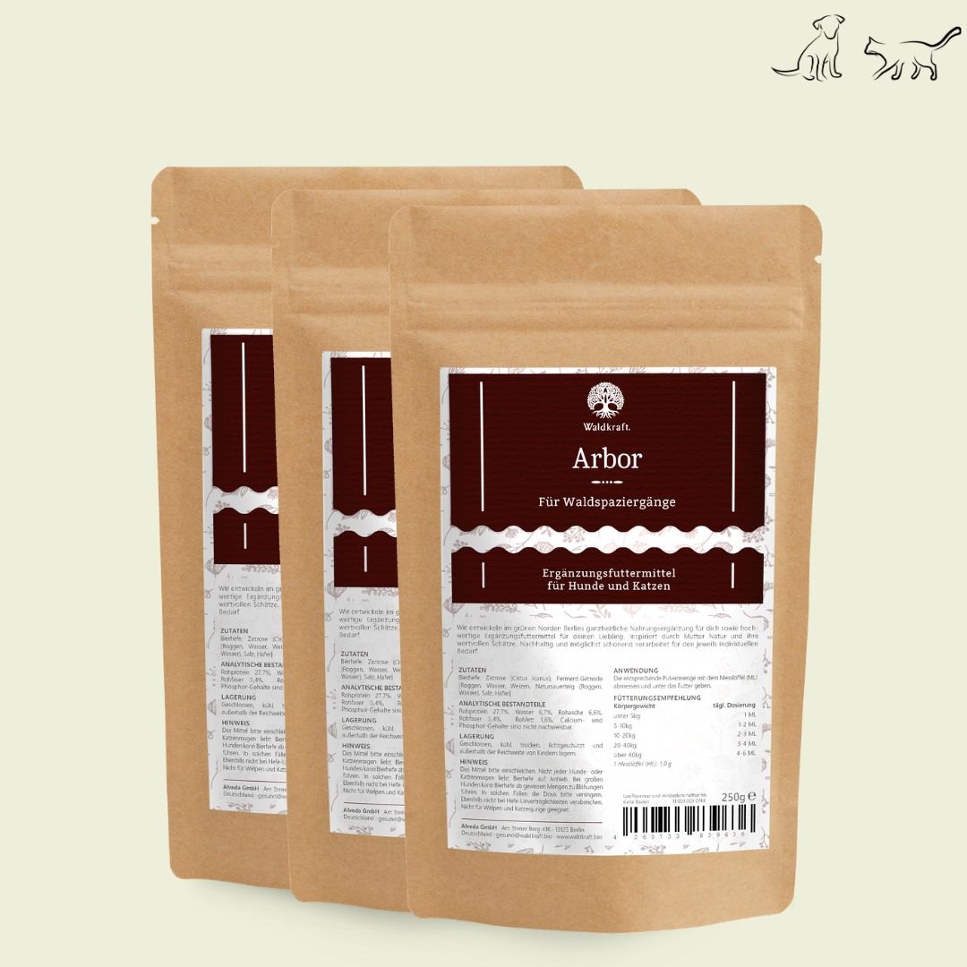 Set: Arbor Zeckenschutz zum Füttern für Hunde + Katzen aus pflanzlicher Rezepturn 3er Nachfüllpack 3x 250g