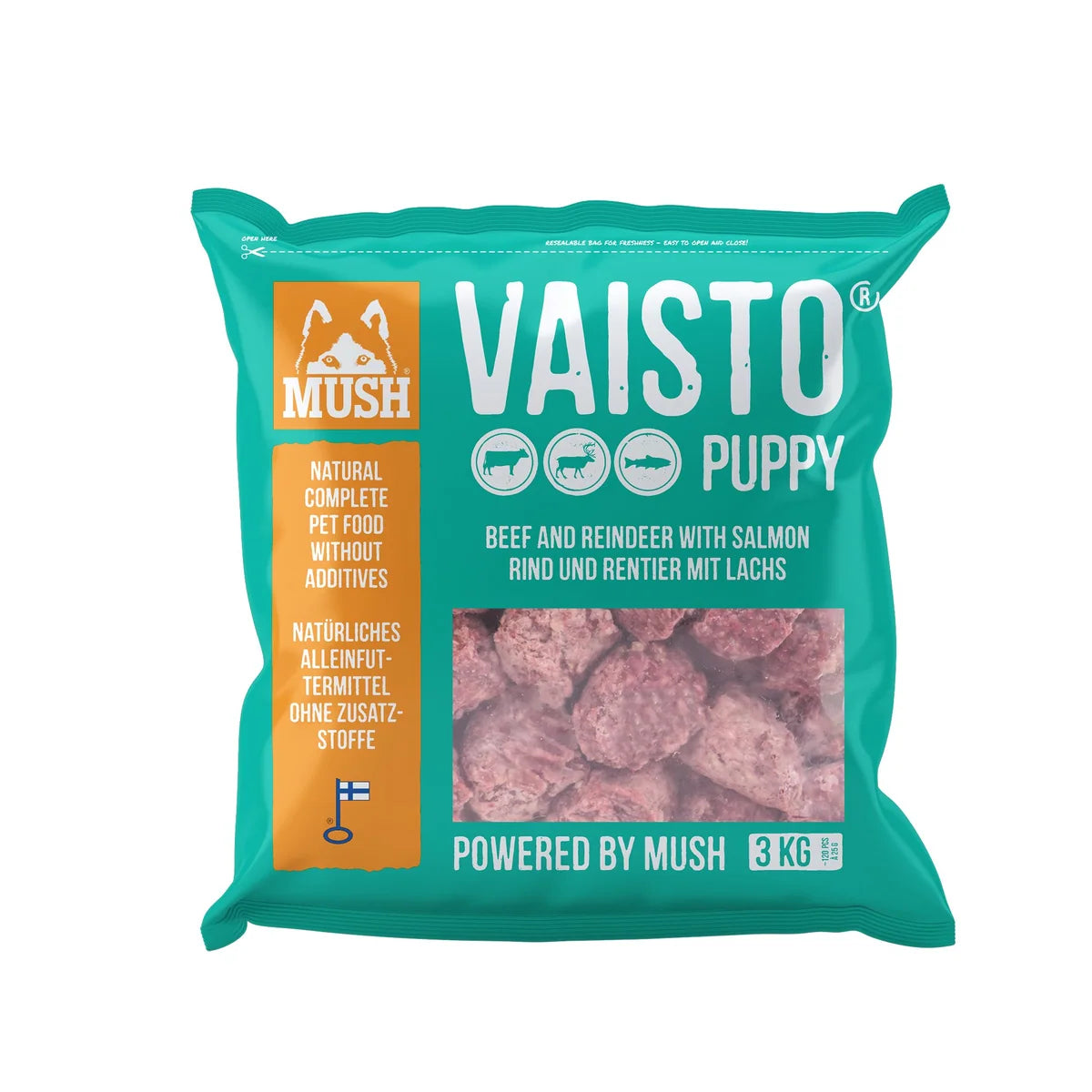 MUSH Vaisto PUPPY Eisblau BARF Welpenfutter mit Rind, Rentier und Lachs, Pettown Schweiz