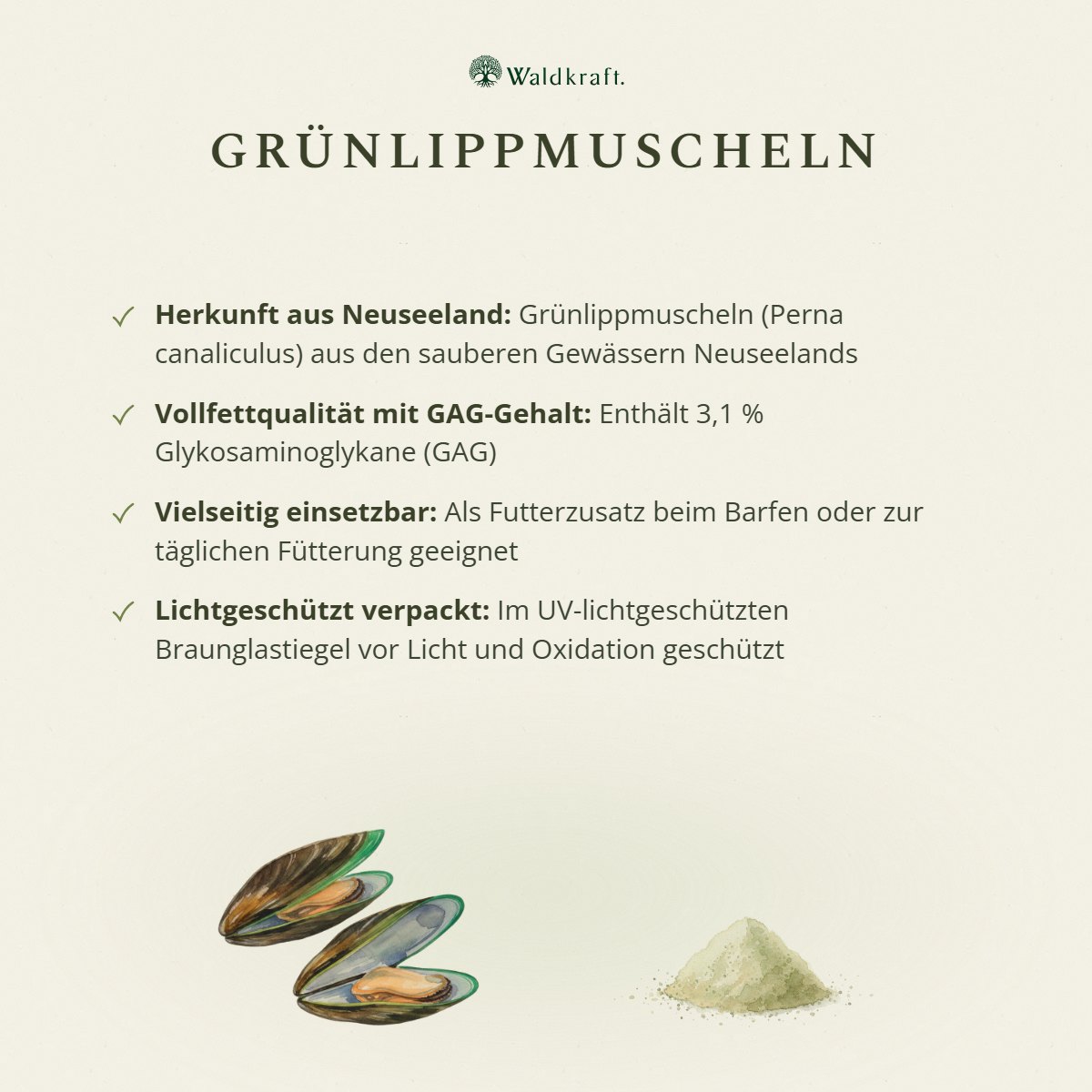 Grünlippmuschelpulver – Vollfett 3% GAG