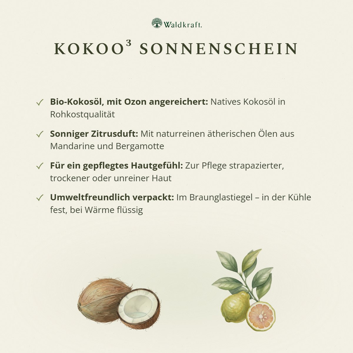 Kokoo³ Sonnenschein, Ozonisiertes Kokosöl mit Mandarine & Bergamotte, 30ml von Waldkraft, Ansicht 4