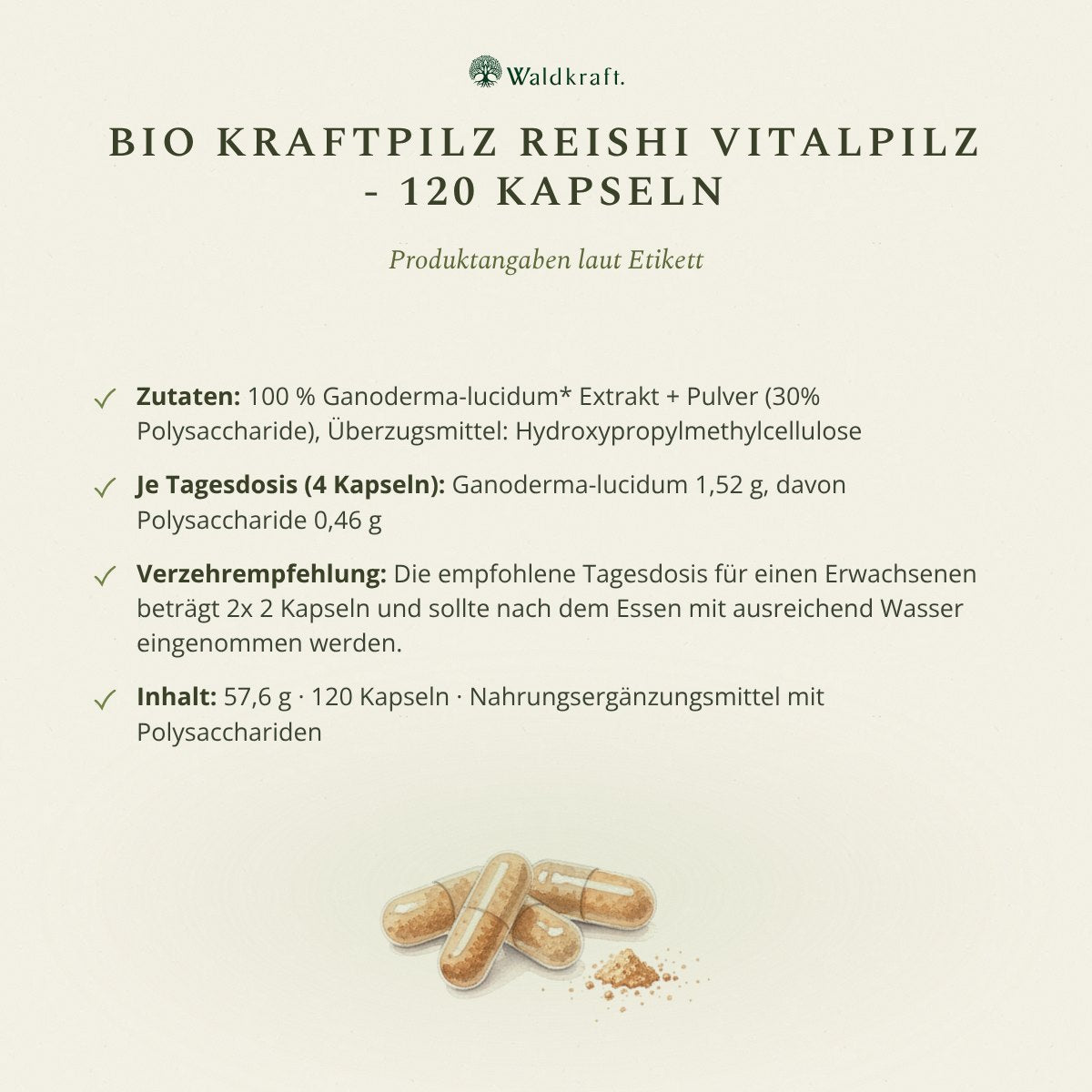 Kraftpilz Reishi – Bio-Pulver & Extrakt – 120 Kapseln